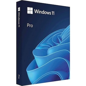 Pode incluir: Uma caixa azul escura com o logotipo do Windows 11 e a palavra "Pro" em branco. A caixa apresenta um design azul fluindo na frente. O logotipo do Windows 11 também está na lateral da caixa.