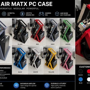 May include: An open air MATX PC case featuring a modular design for personal computers, gaming rigs, or mining setups. The frame is available in black, red, gray, green, blue, white, yellow, and pink. It includes a power supply unit mount.