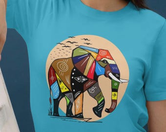 Camiseta de elefante, camiseta abstracta de elefante colorida, camiseta de arte tribal boho, camiseta artística de elefante, diseño abstracto boho tribal llamativo, camiseta de algodón unisex