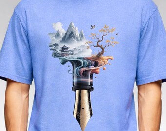 Camiseta artística con estampado de pluma estilográfica y paisaje, camiseta gráfica creativa, camiseta unisex de algodón, camiseta con estampado de tinta natural, camiseta gráfica de Etsy, camiseta de paisaje