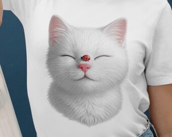 Camiseta con estampado de mariquita blanca, unisex, de algodón suave, regalo para amantes de los gatos, camiseta con estampado de gato adorable, camiseta gráfica unisex, regalo para amantes de los gatos, humor para dueños de mascotas.