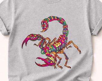 Camiseta de escorpión, camiseta psicodélica de escorpión: camiseta gráfica colorida estilo tatuaje tribal, camiseta con estética grunge.