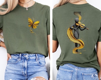 Camiseta para amantes de la música, camiseta de mariposa, camiseta unisex de algodón: diseño artístico de mariposa dorada y violinista, camiseta moderna, camiseta musical retro, regalo para músicos.