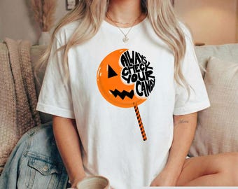 Always Check Your Candy Shirt, Trick Or Treat Horror Movie Tee, Halloween Jack O Lantern Lollipop Tshirt, Spooky Cult Film Fan Gift