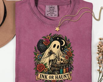 Ghost Tattoo Artist Shirt, Gothic Raven Tattooer Tee, Spooky Botanical Ink Tshirt, Dark Academia Skull Graphic, Halloween Tattoo Lover Gift