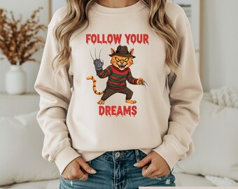 Funny Horror Cat Shirt, Sarcastic Follow Your Dreams Tee, Retro Halloween Movie Tshirt, Spooky Slasher Cat Graphic, Horror Fan Gift