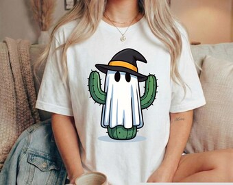 Spooky Cactus Ghost Shirt, Witch Hat Western Halloween Tee, Desert Plant Lover Tshirt, Cute Spooky Graphic Top, Plant Mom Gift
