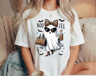 Boujee Ghost Halloween Shirt, Sassy Leopard Print Ghost Tee, Spooky Season Baddie Tshirt, Cute Fall Coffee Graphic, Trendy Halloween Gift