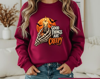 Good Things Are Creepy Shirt, Vintage Skeleton Hand Candle Tee, Gothic Bats Halloween Tshirt, Retro Horror Graphic, Spooky Season Gift