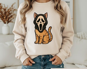 Ghostface Cat Halloween Shirt, Horror Movie Kitty Tee, Spooky Slasher Cat Lover Sweatshirt, Creepy Cute Fall Graphic, Horror Fan Gift