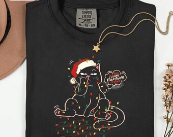 Funny Christmas Cat Shirt, Sarcastic Holiday Graphic Tee, Its Fine Im Fine Everything Is Fine, Cat Mom Xmas Tshirt, Cat Lover Gift