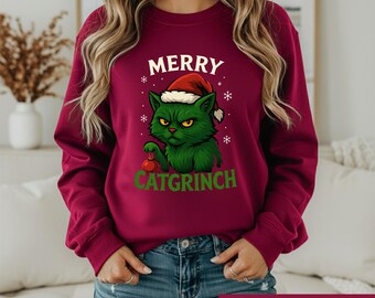 Grumpy Cat Christmas Shirt, Funny Green Catgrinch Tee, Sarcastic Holiday Kitten Tshirt, Retro Santa Hat Graphic, Pet Lover Xmas Gift