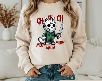 Funny Horror Cat Shirt, Ch Ch Ch Meow Slasher Tee, Vintage Scary Movie Tshirt, Spooky Cat Lover Halloween Graphic, Horror Fan Gift