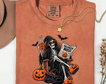 Grim Reaper Halloween Shirt, Skeleton Coffee Reader Tee, Cozy Spooky Season Graphic, Funny Witch Cat Gothic Tshirt, Autumn Horror Gift