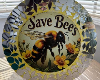 Mandala artesanal con espejo y el mensaje "Salva a las abejas" / Decoración bohemia única para el hogar / Decoración para espacios de meditación / Regalo artesanal / Hecho en Gales