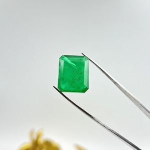 Peut inclure: Une émeraude verte de taille rectangulaire tenue par une pince métallique argentée. La pierre précieuse présente une surface à facettes avec des inclusions naturelles internes visibles ressemblant à des motifs délicats et ramifiés.