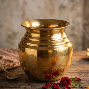 May include: A polished brass pot with a wide, flared rim and a rounded body. The metallic surface reflects light, showing a smooth, curved silhouette. The vessel features a simple, clean design with horizontal ridges near the neck area.