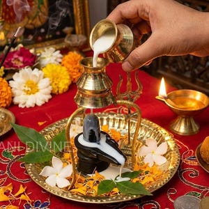 May include: A religious offering scene with a black and grey stone sculpture, a brass vessel pouring a white liquid, and a lit oil lamp. The scene is set on a red cloth with flowers and a decorative plate. The text "ANLDIVINE" is visible.