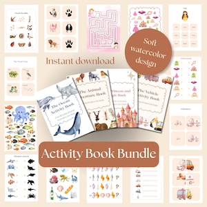 Könnte beinhalten: Ein digitales Aktivitätsbuch-Paket mit Aquarellillustrationen von Meeresbewohnern, Tieren, Prinzessinnen und Fahrzeugen. Die Sammlung enthält verschiedene pädagogische Arbeitsblätter mit Zuordnungsspielen, Labyrinthen und Checklisten, die alle in einer weichen, hellen Ästhetik mit klaren Textbeschriftungen für Kinder gestaltet sind.