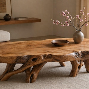 Può includere: Un grande tavolino da caffè in legno naturale dalla forma organica. Il tavolo presenta una finitura marrone chiaro ed è sostenuto da gambe a forma di ramo. Una piccola ciotola rotonda in legno e un vaso con fiori rosa sono sul tavolo. Il tavolo misura circa 200 cm di lunghezza.