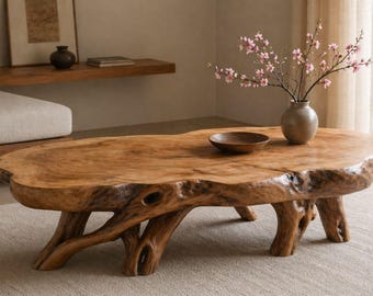 Live Edge Elm Coffee Table – Solid Wood Root Base Low Table