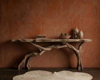 Mesa consola de madera de olmo con borde natural / Mueble de entrada con base de raíz natural