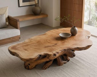 Mesa de centro de olmo con borde natural – Mesa con base de raíz de madera maciza