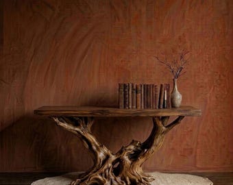 Mesa consola de olmo con borde natural – Mesa de madera con base de raíz escultural