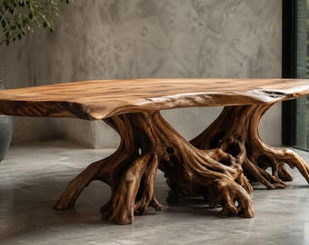 Mesa de centro de olmo con borde natural – Mesa con base de raíz de madera maciza