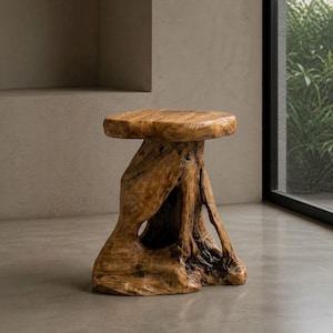May include: A natural wood stool with a round top and a base formed from the roots and trunk of a tree. The stool is a warm brown color and has a unique, organic shape. The stool is approximately 18 inches tall.