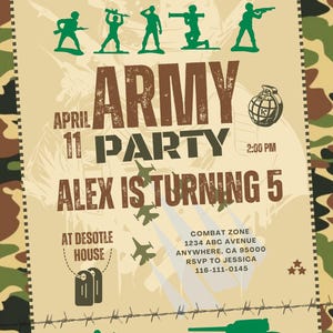 May include: Army-themed party invitation with green silhouettes of soldiers, a jeep, and a tank. The invitation features the text "YOU'VE BEEN DRAFTED!" and "ARMY PARTY" with the date, time, and location. The invitation is for Alex's 5th birthday.