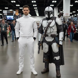 May include: Two people in costumes stand in a convention hall. One wears a white uniform with a high collar and white sneakers. The other is dressed as The Mandalorian, with a silver helmet, armor, and a black cape, holding a blaster.