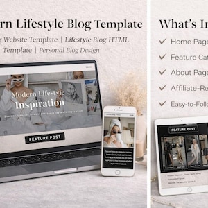 Puede incluir: Un portátil, un smartphone y una tableta muestran una "Plantilla de blog de estilo de vida moderno". La pantalla del portátil muestra un diseño de blog con el texto "Modern Lifestyle Inspiration". El smartphone y la tableta muestran el contenido del blog. La imagen también enumera lo que está incluido.