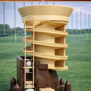 May include: A golf ball dispenser with the text "Golf Ball Dispenser Pro" and "with Ball Garage XL and Funnel". The dispenser is beige and brown, with a spiral track and a ladder-like structure holding golf balls. The base has a brown, rocky appearance.
