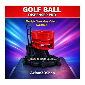 May include: A golf ball dispenser with a red top and a black base. The dispenser has a spiral design and a small ladder. The text "GOLF BALL DISPENSER PRO" is at the top, with "Multiple Secondary Colors Available" below it. The base is available in black or white.