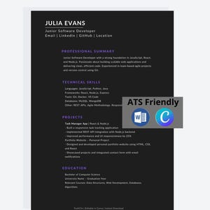 ATS Resume Template – Dark Tech Style, Editable CV & Cover Letter Template(Word, PDF, Canva)