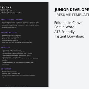 Junior Developer Resume – Dark Tech Style, Editable CV & Cover Letter Template(Word, PDF, Canva)