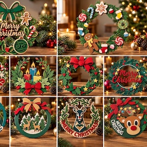 Christmas Wreath Laser Cut SVG Bundle, 10 Layered Reindeer Door Sign Designs for Glowforge