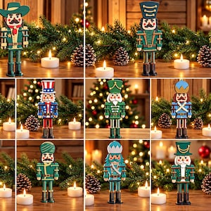 May include: A digital collection of 10 nutcracker designs featuring various uniforms and hats in green, blue, red, and white. The text reads INSTANT DOWNLOAD SVG PNG DFX PDF EPS CDR 10 FILES 3MM. These graphic illustrations depict nutcrackers.