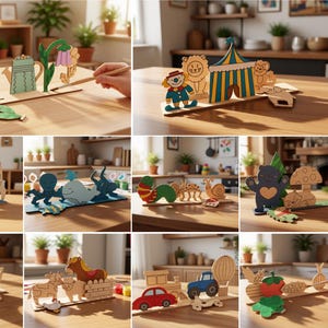 Könnte beinhalten: Eine Sammlung von lasergeschnittenen Holz-Bastelsets mit verschiedenen Motiven, darunter eine Sonnenblume, Zirkustiere, Weltraum, Meerestiere, Insekten, Waldtiere, Früchte, Bauernhoftiere, Fahrzeuge und Gartenelemente mit digitalen Dateiformaten.