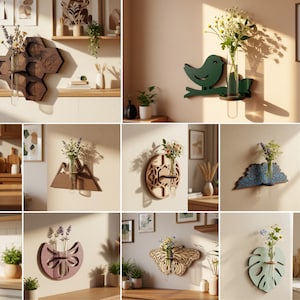 May include: A collection of ten wall-mounted wooden plant propagation stations featuring various shapes including a honeycomb, bird, house, mountain, circle, butterfly, and leaf, each with a glass tube for flowers and text: INSTANT DOWNLOAD SVG PNG DFX PDF EPS CDR 10 FILES 3MM.