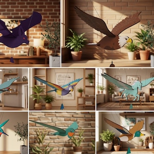 May include: A digital collection of eight hanging mobile designs featuring a bat, eagle, crane, parrot, pegasus, hummingbird, swallow, and mallard duck. The text on the right side lists INSTANT DOWNLOAD, SVG, PNG, DFX, PDF, EPS, CDR, and 08 FILES.