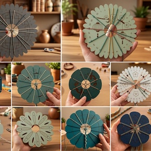 May include: A collection of circular kumihimo braiding disks in various colors including dark gray, light green, teal, and white, featuring numbered slots and intricate floral or lantern patterns, with text indicating SVG, PNG, DFX, PDF, EPS, CDR, 10 files.
