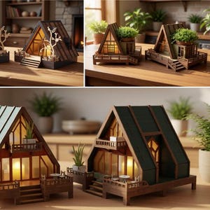 May include: Two miniature A-frame cabin models featuring dark green roofs, wooden structures, balconies, and interior lighting. The text on the right side reads INSTANT DOWNLOAD SVG PNG DFX PDF EPS CDR 03 FILES.