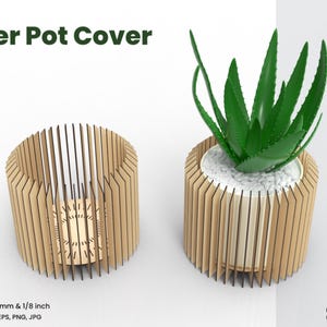 May include: Two wooden flower pot covers with a laser-cut design. One pot cover contains a green plant with white pebbles. The text "Flower Pot Cover" and "Laser Cut File" are at the top. The material thickness is 3 mm or 1/8 inch.