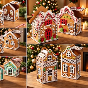 Casinha de Gengibre Recortada a Laser, 5 Modelos de Casinhas de Natal em 3D com Camadas, Decoração de Vila Natalina em SVG, DXF e CDR, Download para Glowforge