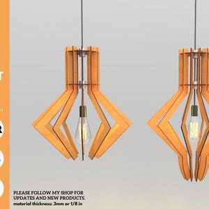 May include: Two wooden pendant lights with a geometric design, each featuring a lightbulb. The lights are suspended from a wire. The image also includes text: "LASER CUTTING FILE-PENDANT LIGHT" and file type icons.