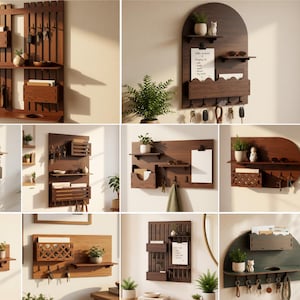 May include: A collection of ten wall-mounted wooden organisers featuring various designs with shelves, mail slots, and key hooks. The image displays digital file formats including SVG, PNG, DFX, PDF, EPS, and CDR for laser cutting projects.