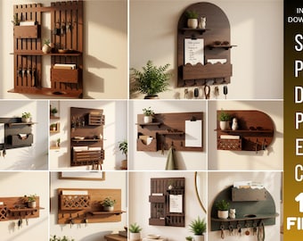 May include: A collection of ten wall-mounted wooden organizers featuring various designs with shelves, mail slots, and key hooks. The image displays digital file formats including SVG, PNG, DFX, PDF, EPS, and CDR for laser cutting projects.