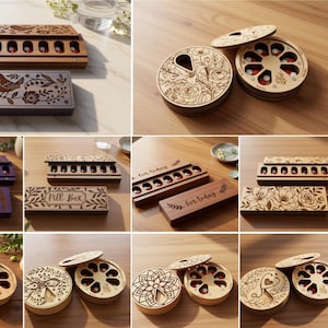 Peut inclure: Une collection de piluliers en bois découpés au laser, de formes rectangulaires et circulaires, avec des gravures complexes de fleurs, d'oiseaux et de motifs célestes. Les modèles incluent des couvercles coulissants ou rotatifs avec le texte 'PILL BOX' et 'for today'.